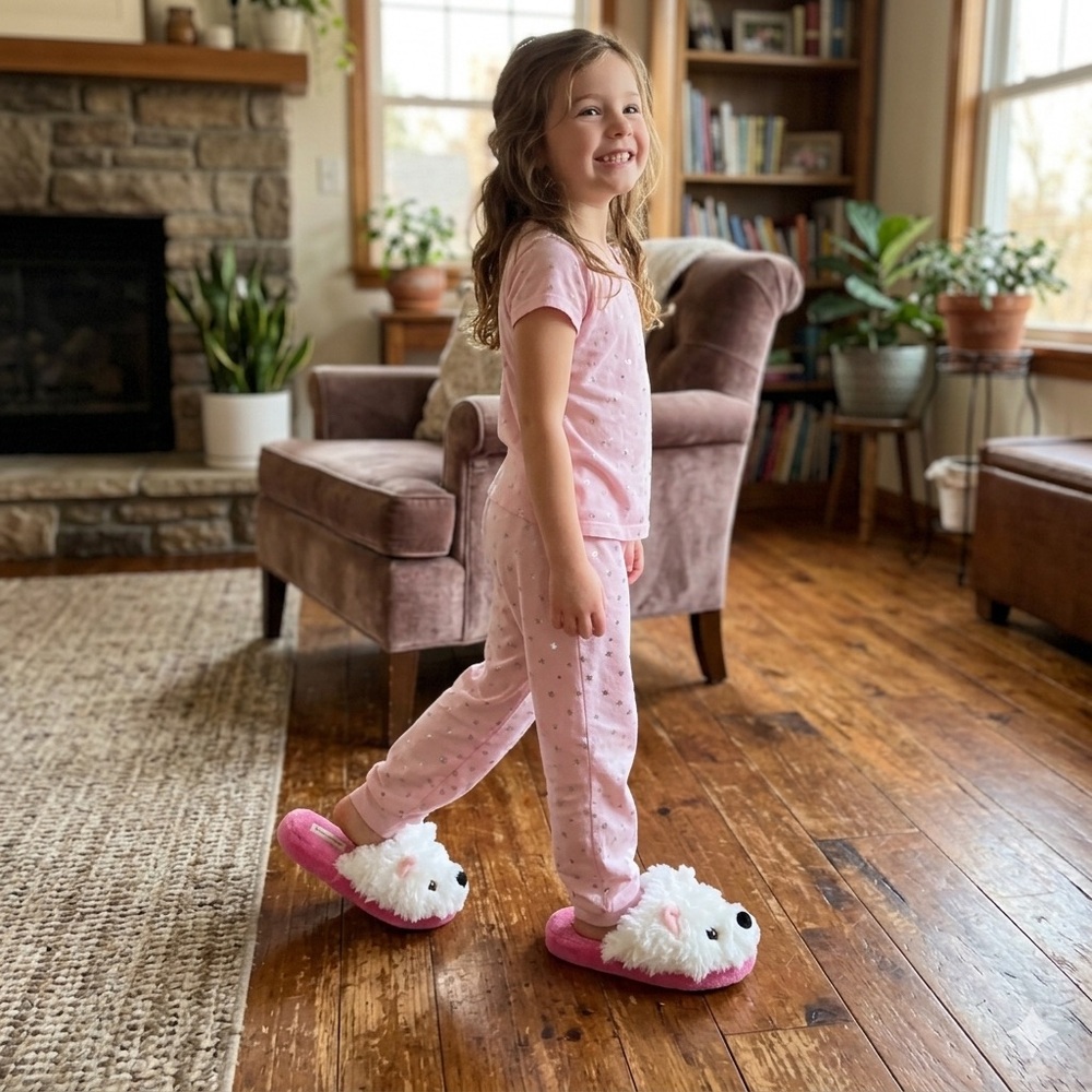 American Girl White Plush Bear Slip-On Slippers with Pink Insoles I-0329